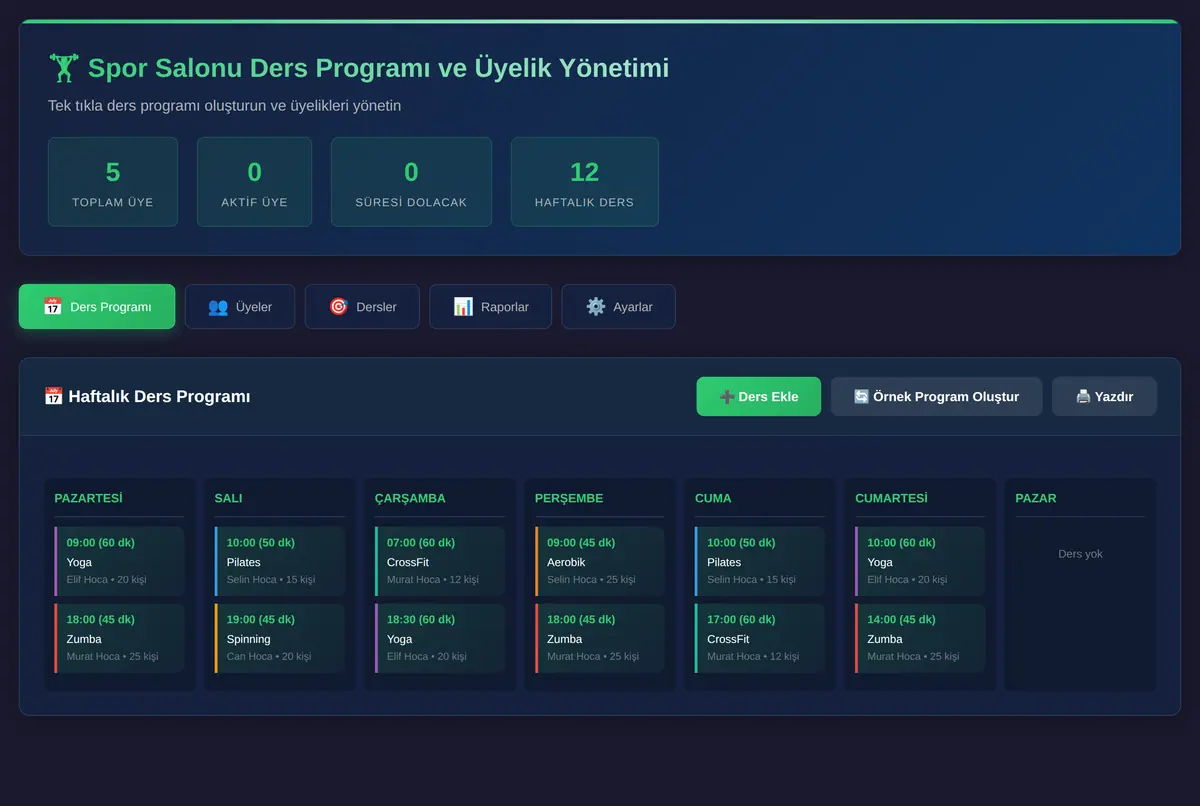 Spor Salonu Ders Programı ve Üyelik Yönetimi ekran görüntüsü 2