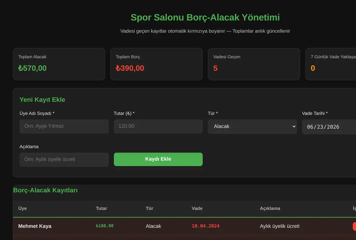 Spor Salonu Borç-Alacak Yönetimi ekran görüntüsü