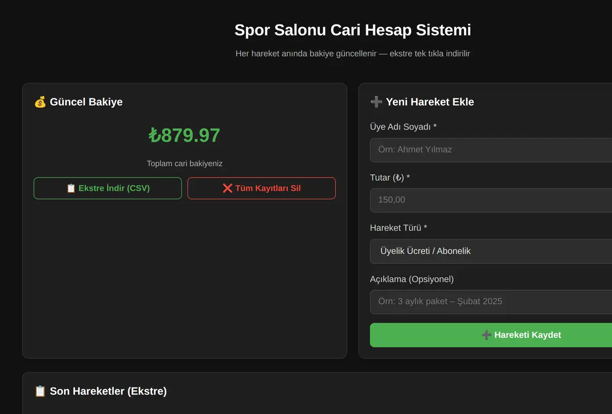 Spor Salonu Cari Hesap Sistemi ekran görüntüsü