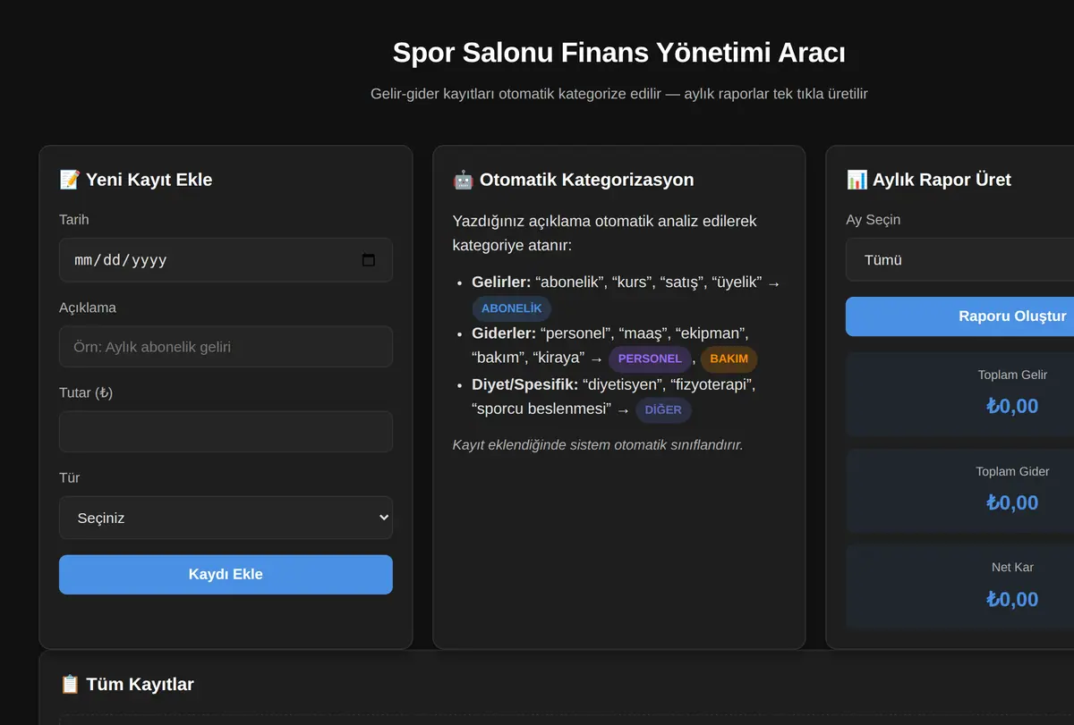 Spor Salonu Finans Yönetimi Aracı ekran görüntüsü