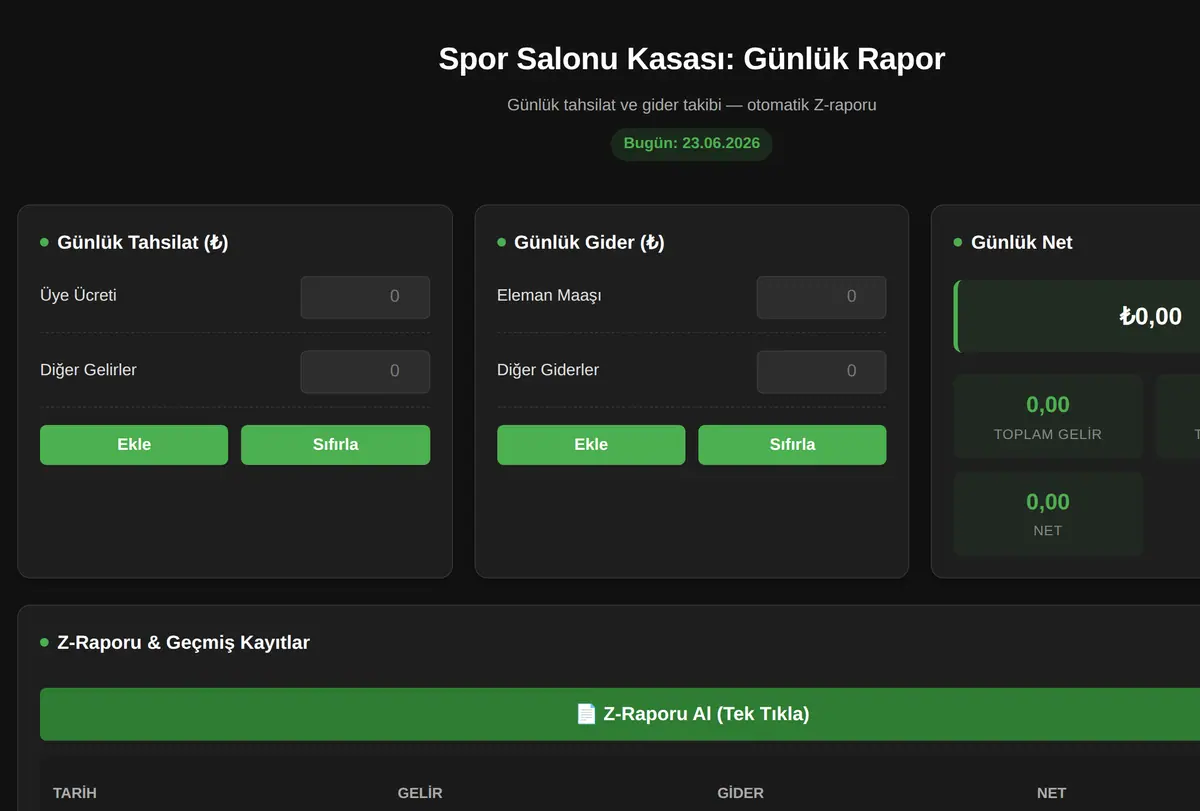 Spor Salonu Kasası: Günlük Rapor ekran görüntüsü
