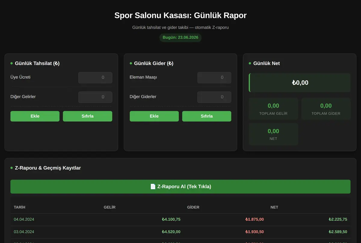 Spor Salonu Kasası: Günlük Rapor ekran görüntüsü 2