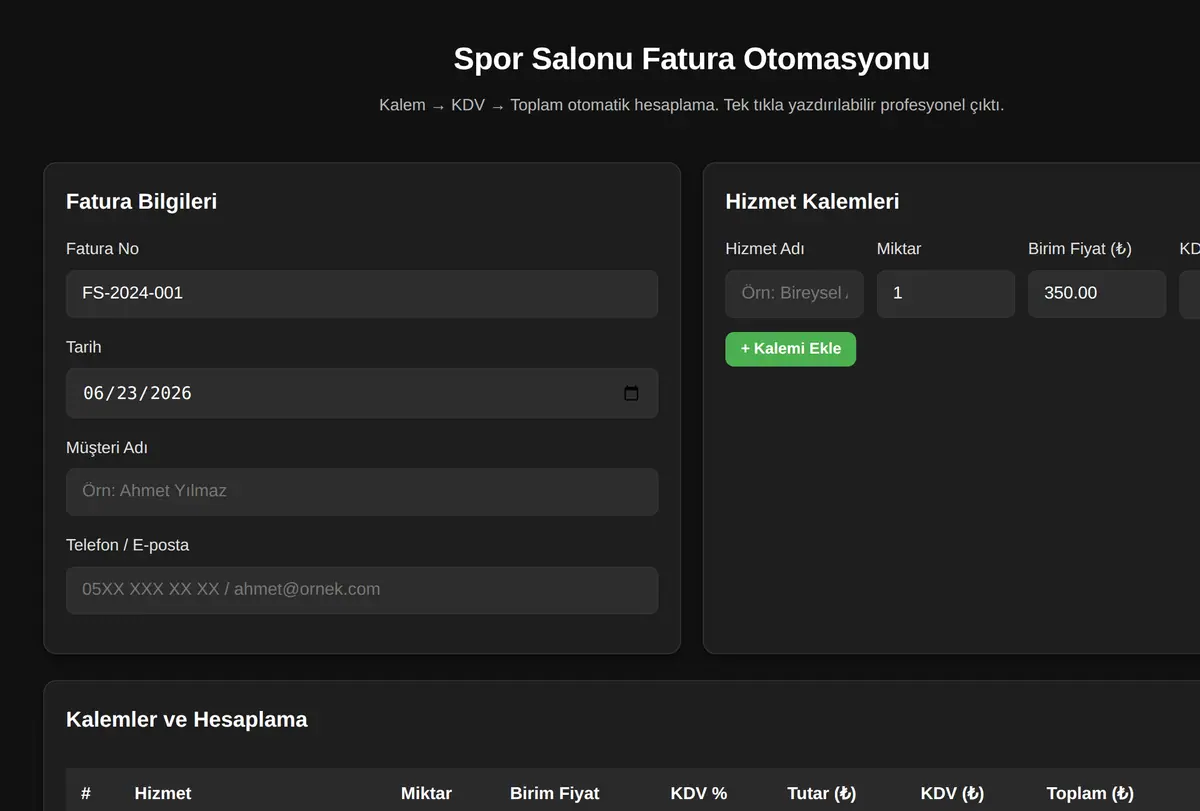 Spor Salonu Fatura Otomasyonu ekran görüntüsü