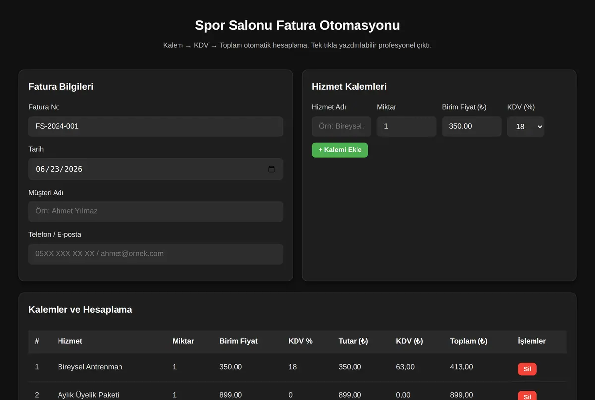 Spor Salonu Fatura Otomasyonu ekran görüntüsü 2