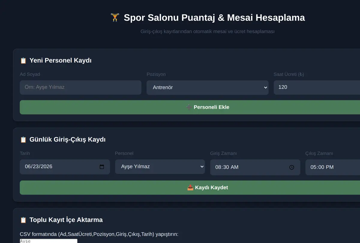 Spor Salonu Puantaj & Mesai Hesaplama ekran görüntüsü