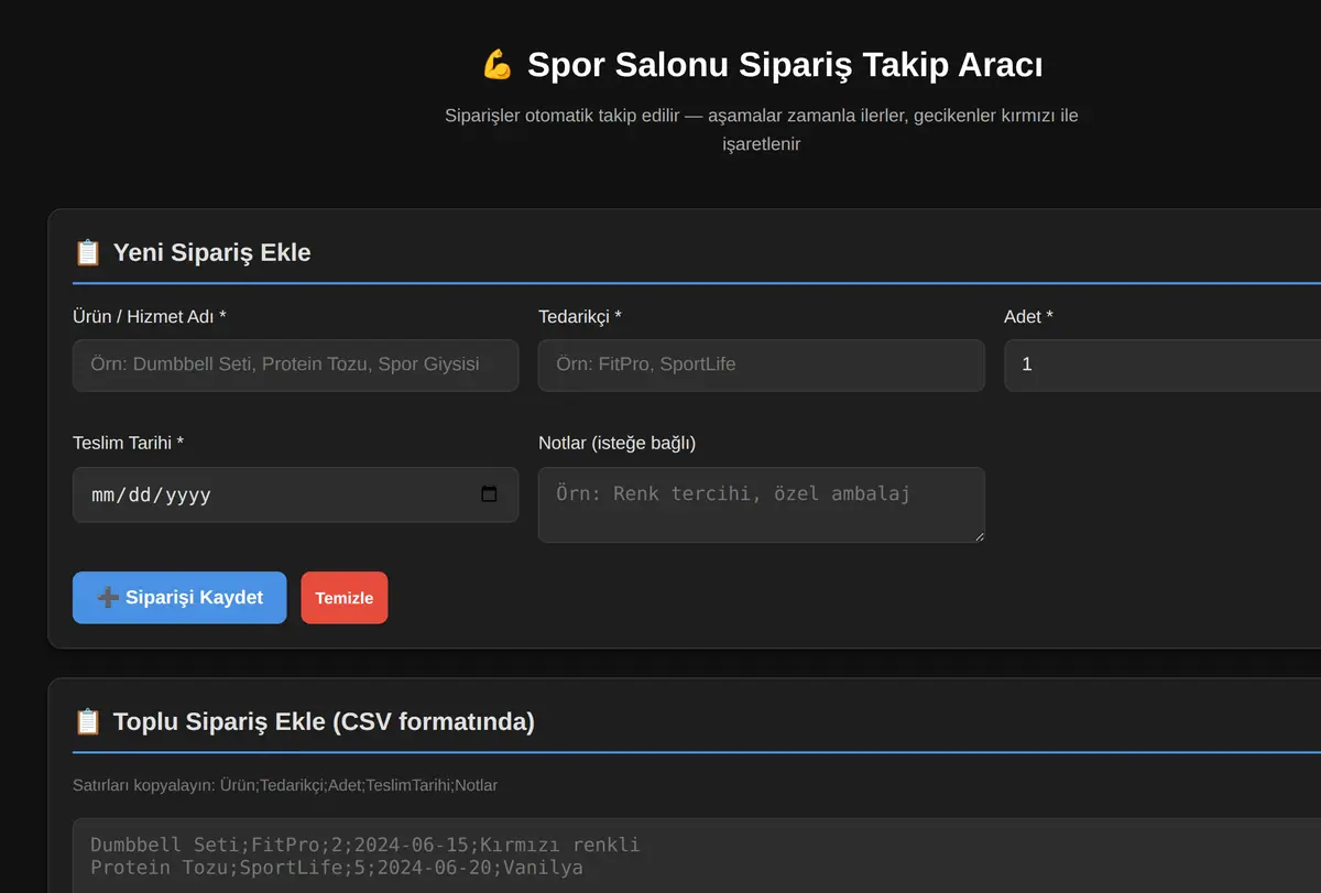 Spor Salonu İçin Sipariş Takip Sistemi ekran görüntüsü