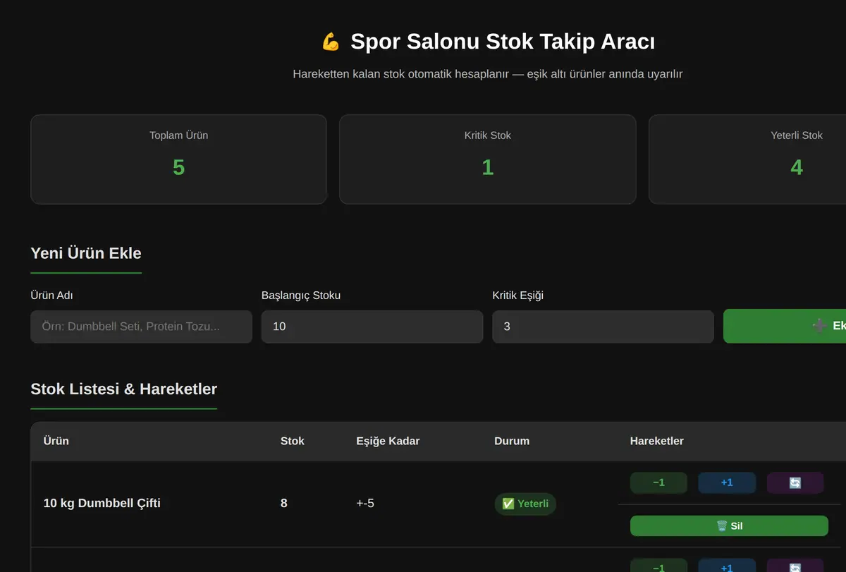 Spor Salonu Stok Takip Aracı ekran görüntüsü
