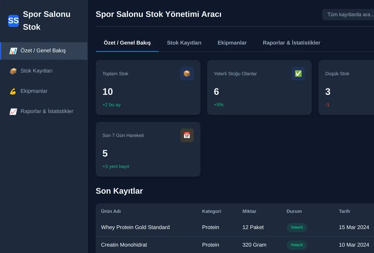 Spor Salonu Stok Yönetimi Aracı ekran görüntüsü