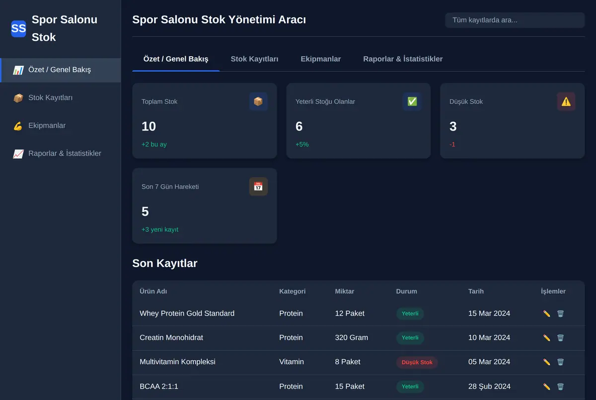 Spor Salonu Stok Yönetimi Aracı ekran görüntüsü 2