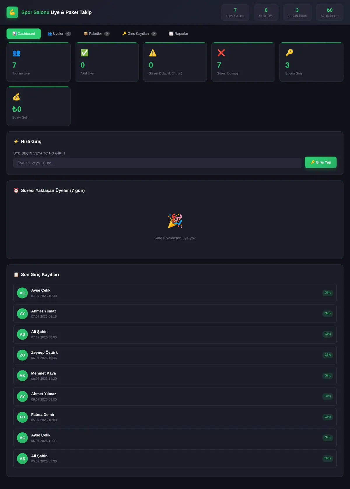 Spor Salonu Üye & Paket Takip Yönetimi ekran görüntüsü 3