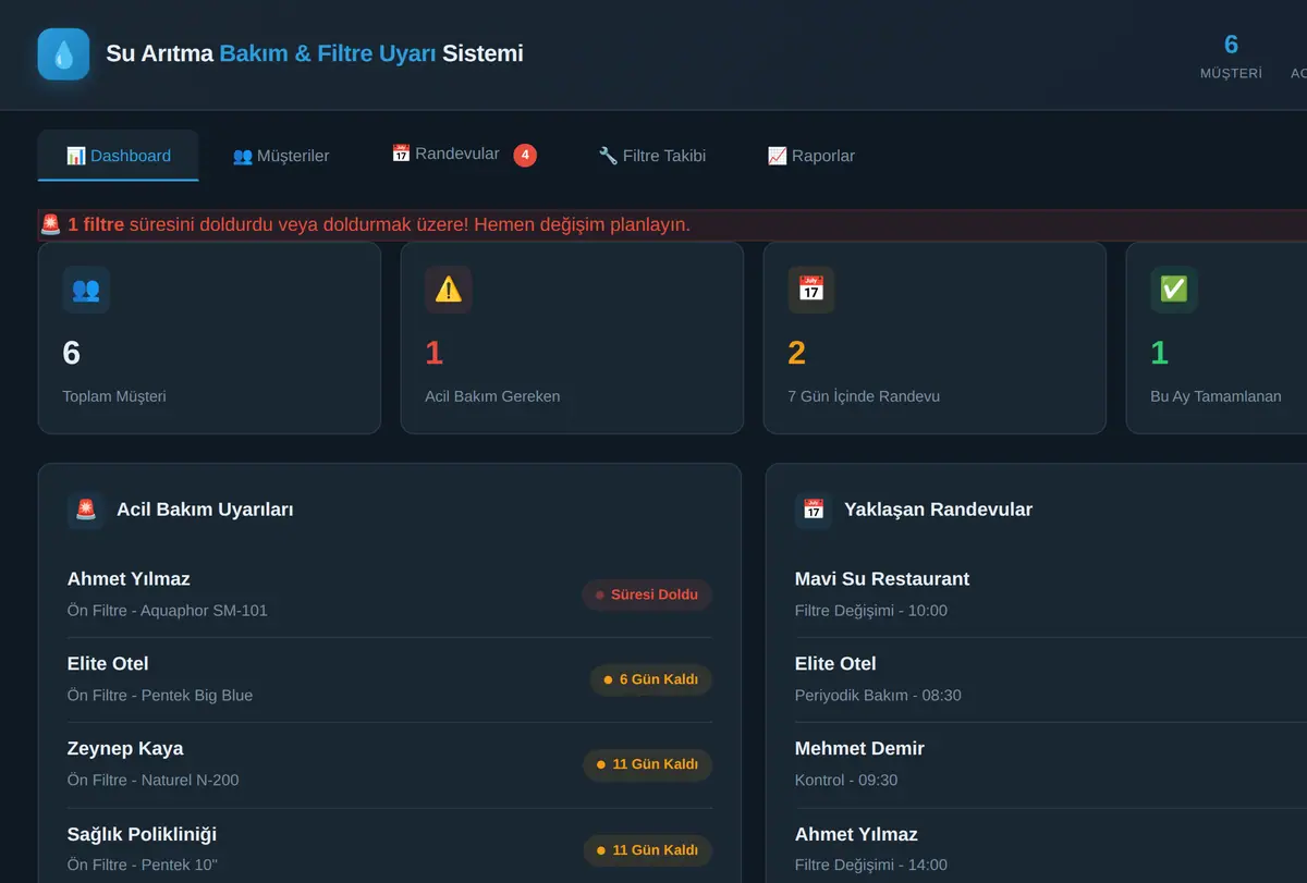Su Arıtma Bakım & Filtre Uyarı Sistemi ekran görüntüsü