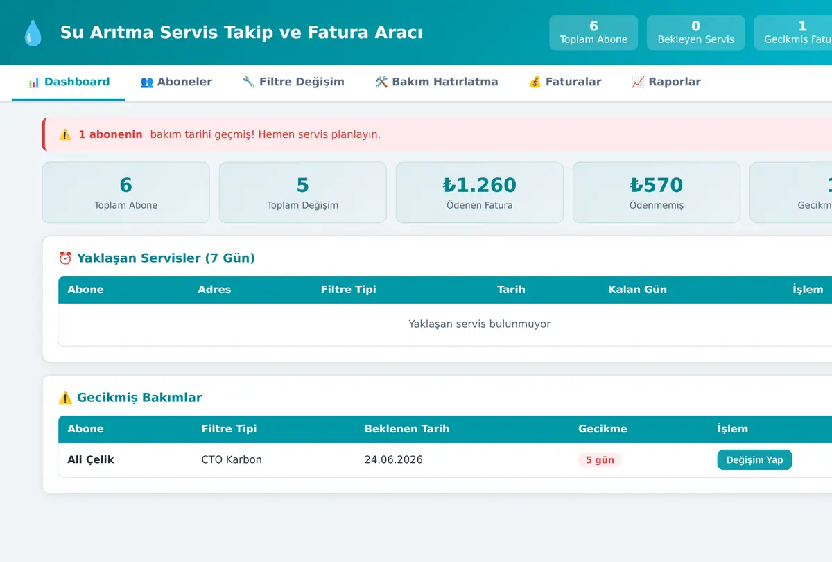 Su Arıtma Servis Takip ve Fatura Aracı ekran görüntüsü