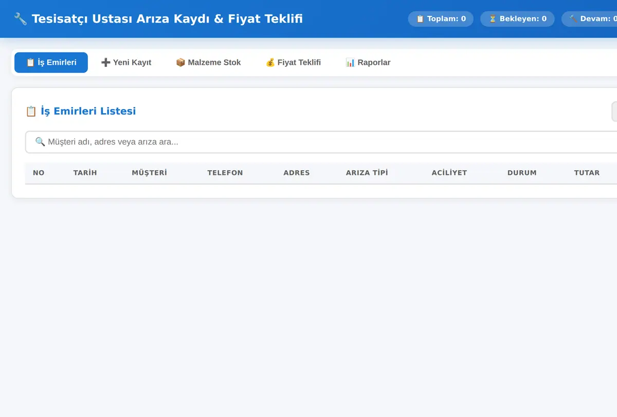 Tesisatçı Ustası Arıza Kaydı & Fiyat Teklifi ekran görüntüsü