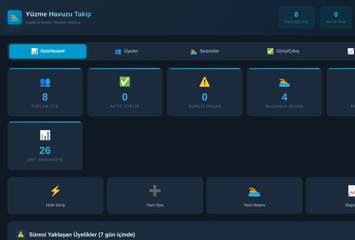 Yüzme Havuzu Üyelik & Seans Takip Aracı ekran görüntüsü