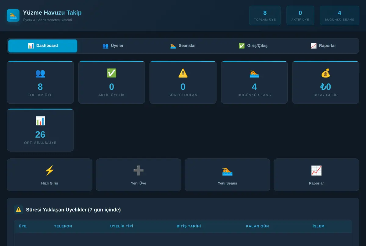 Yüzme Havuzu Üyelik & Seans Takip Aracı ekran görüntüsü 2