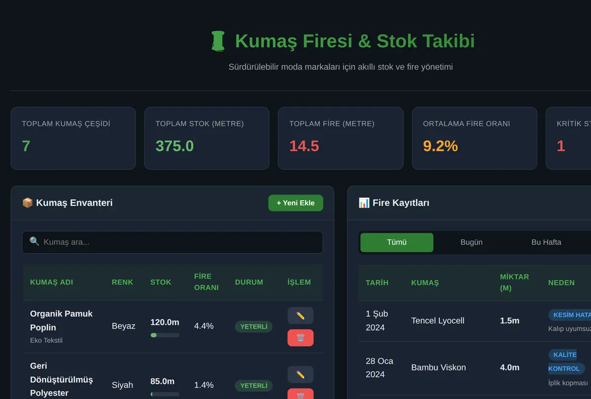 Kumaş Firesi & Stok Takibi Aracı ekran görüntüsü