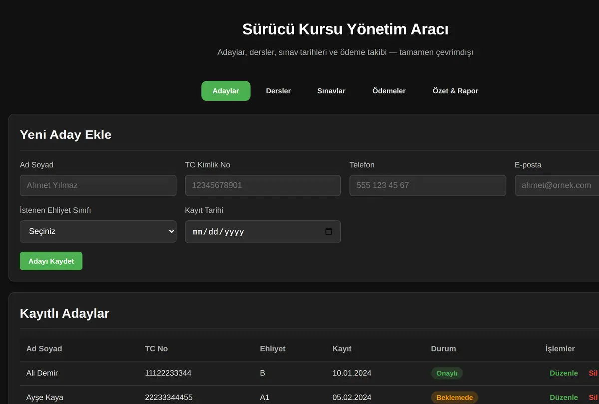 Sürücü Kursu Yönetim Aracı ekran görüntüsü