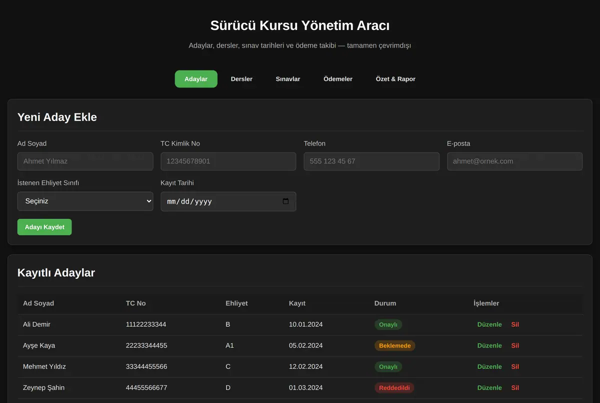 Sürücü Kursu Yönetim Aracı ekran görüntüsü 2