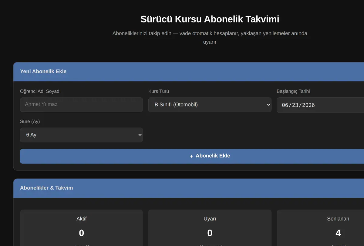 Sürücü Kursu Abonelik Takvimi ekran görüntüsü