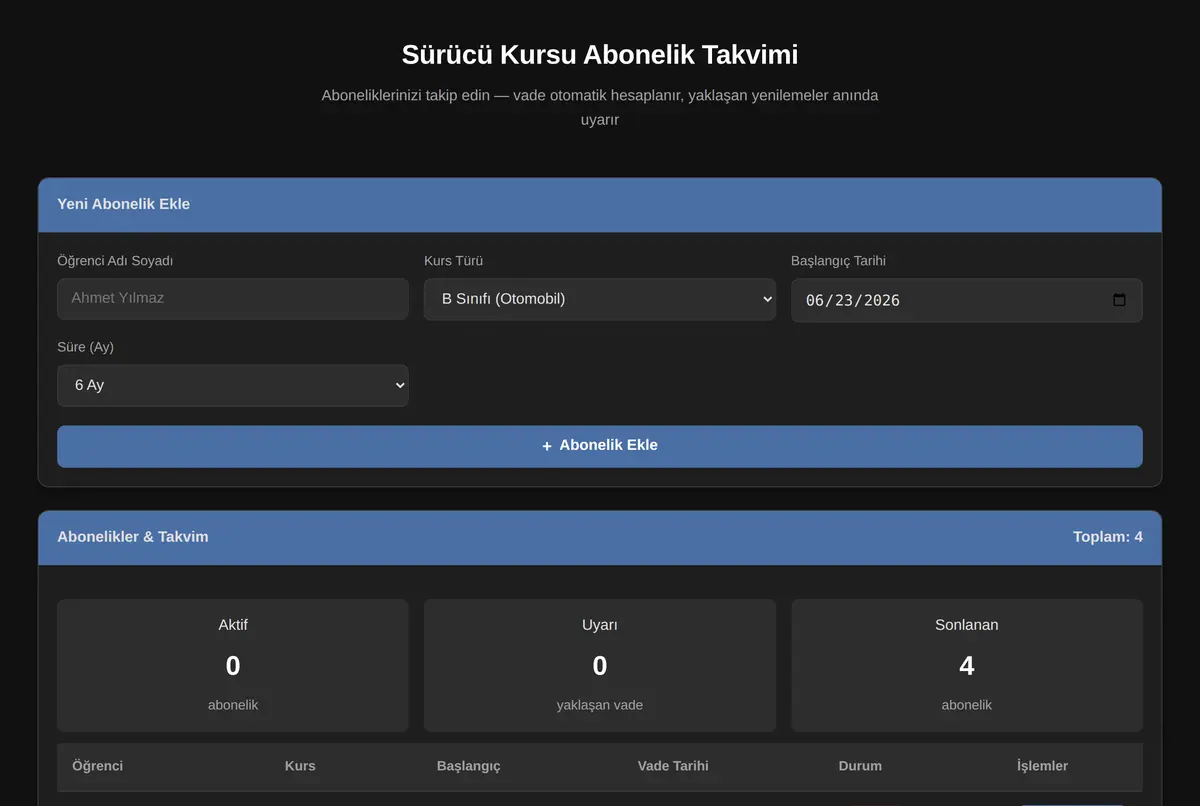 Sürücü Kursu Abonelik Takvimi ekran görüntüsü 2