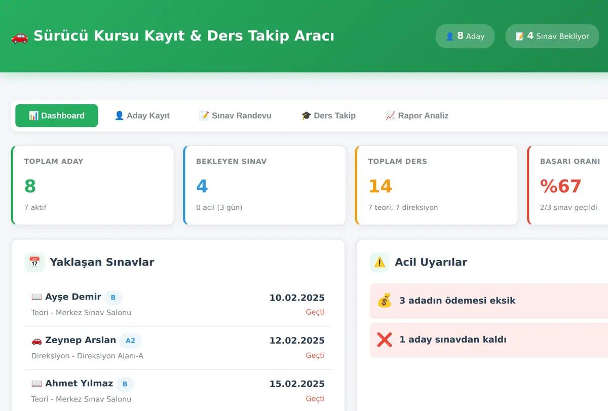 Sürücü Kursu Kayıt & Ders Takip Aracı ekran görüntüsü