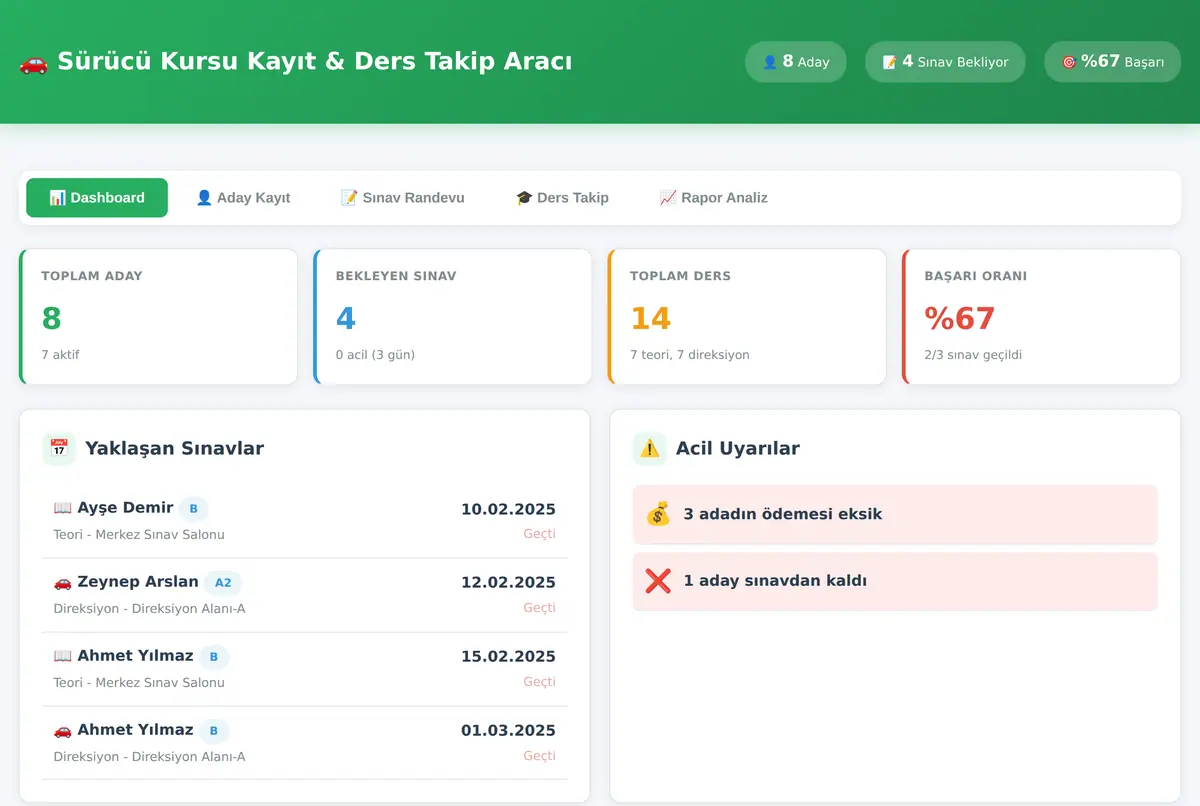 Sürücü Kursu Kayıt & Ders Takip Aracı ekran görüntüsü 2