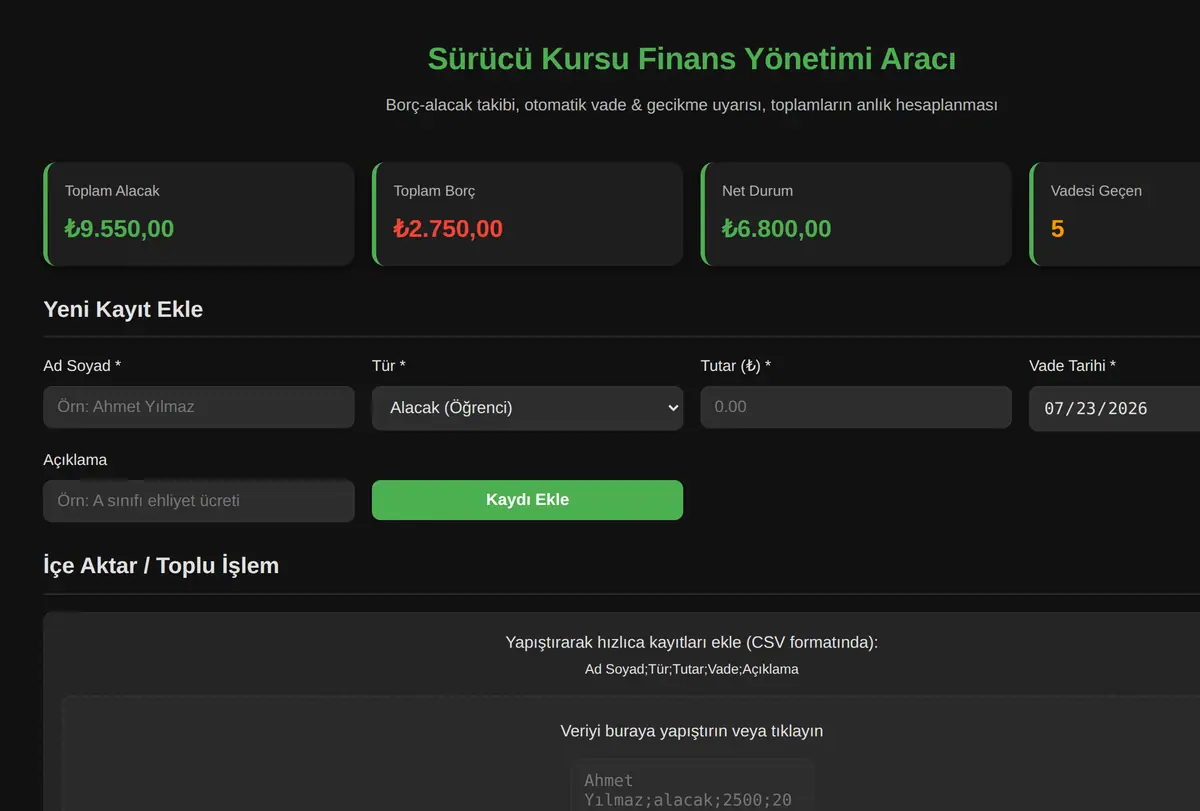 Sürücü Kursu Finans Yönetimi Aracı ekran görüntüsü