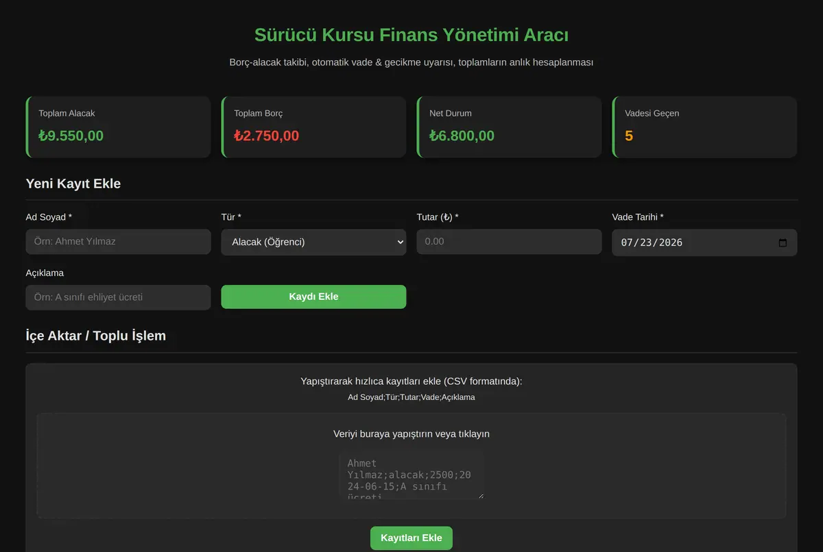 Sürücü Kursu Finans Yönetimi Aracı ekran görüntüsü 2