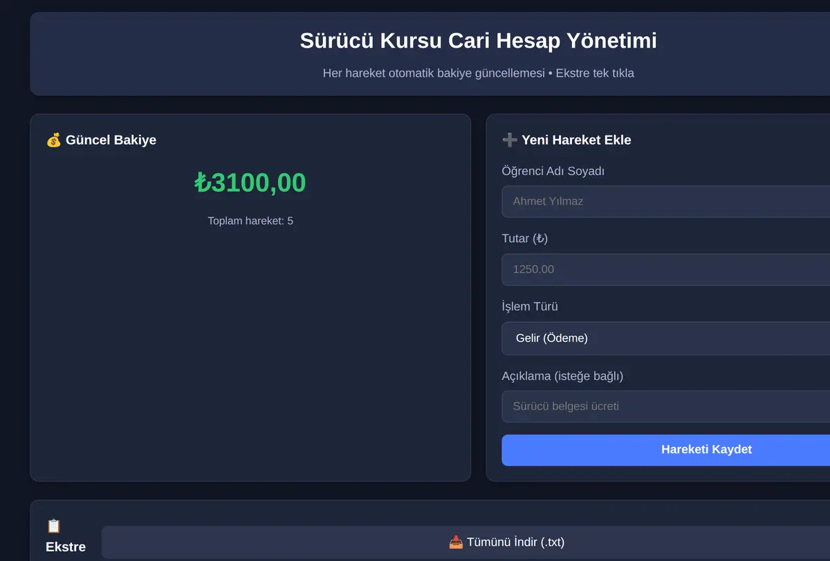 Sürücü Kursu Cari Hesap Yönetimi ekran görüntüsü