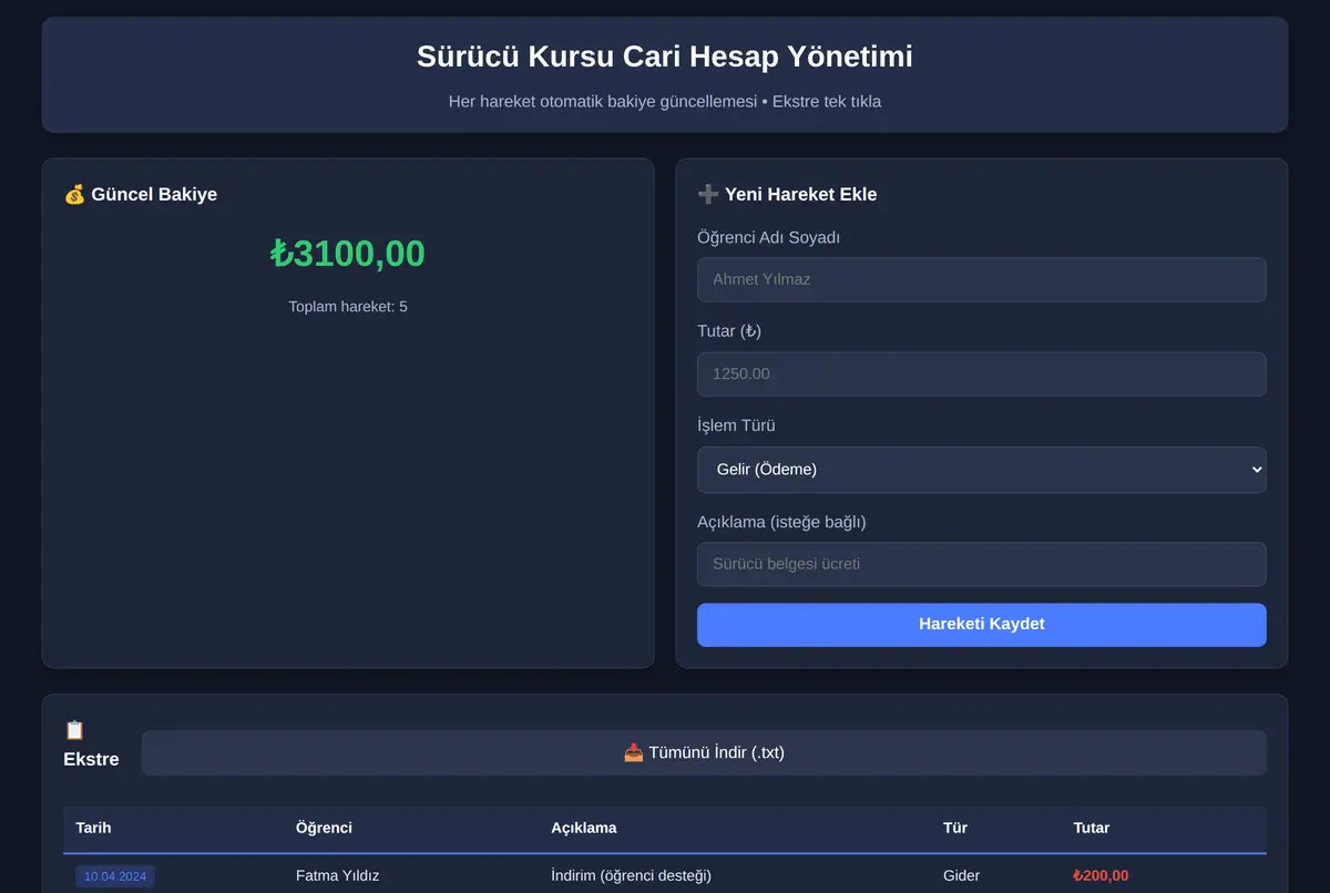 Sürücü Kursu Cari Hesap Yönetimi ekran görüntüsü 2