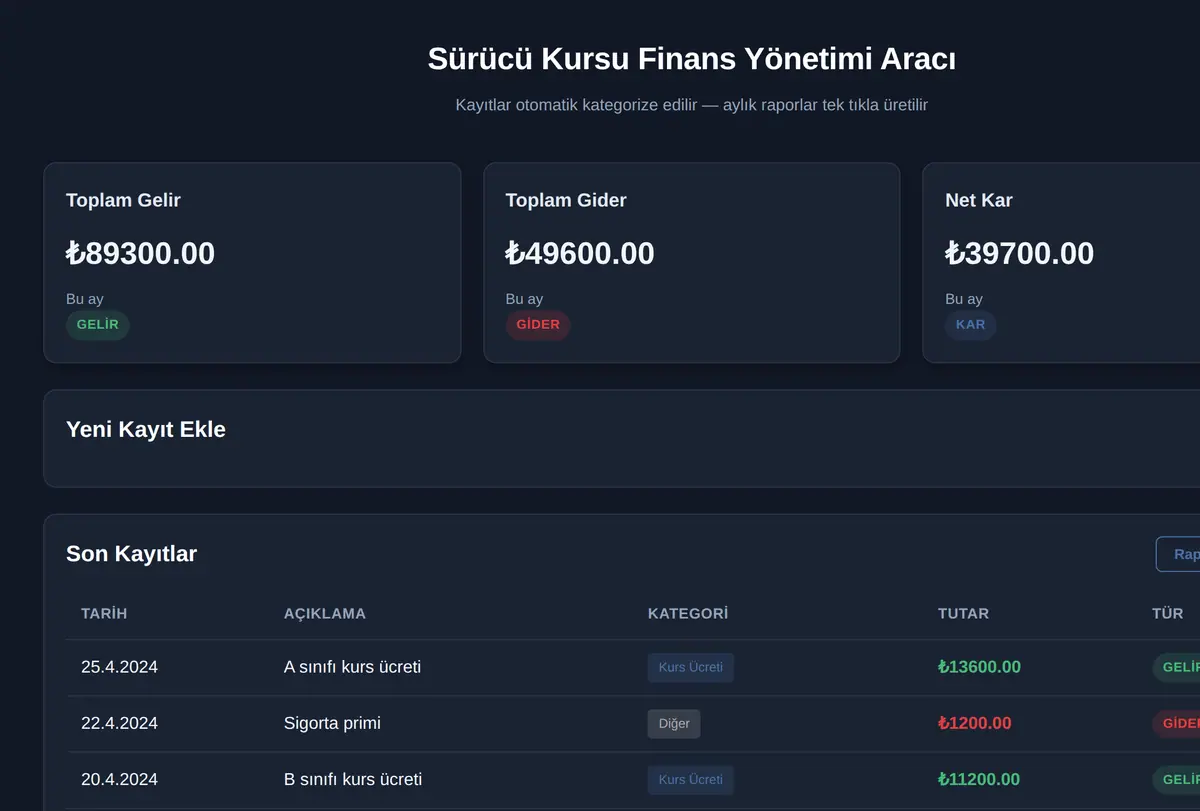Sürücü Kursu Finans Yönetimi Aracı ekran görüntüsü
