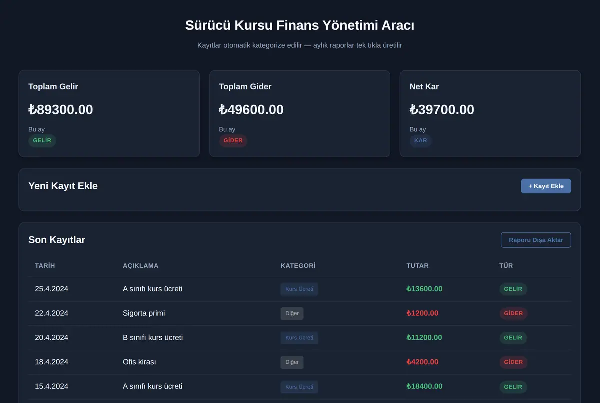 Sürücü Kursu Finans Yönetimi Aracı ekran görüntüsü 2