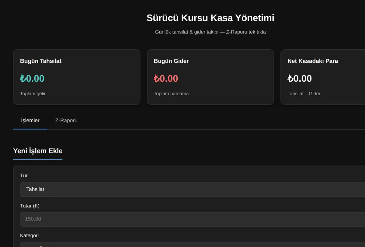 Sürücü Kursu Kasa Yönetimi ekran görüntüsü
