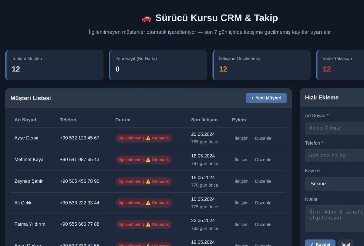 Sürücü Kursu CRM & Takip ekran görüntüsü
