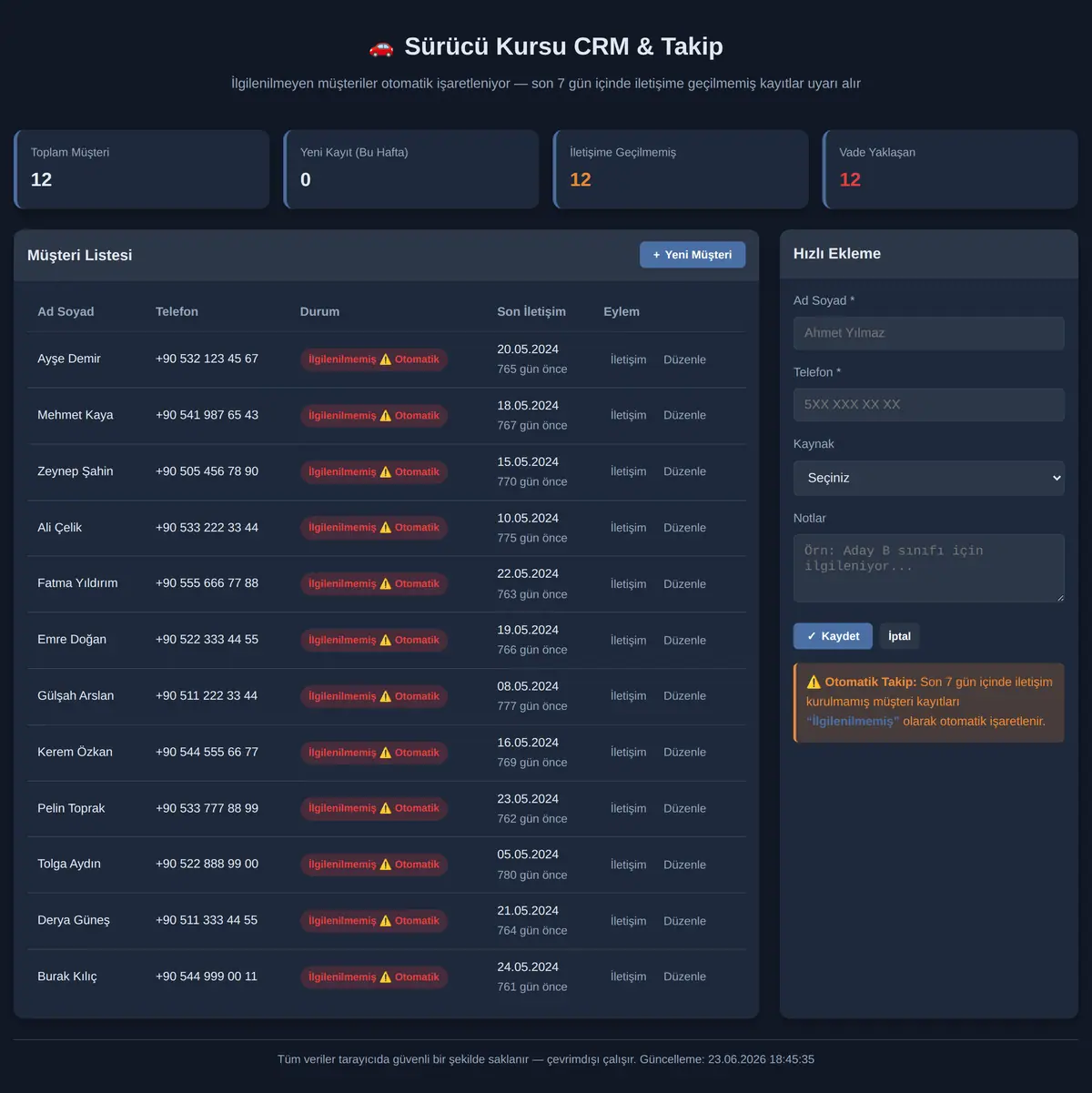 Sürücü Kursu CRM & Takip ekran görüntüsü 3