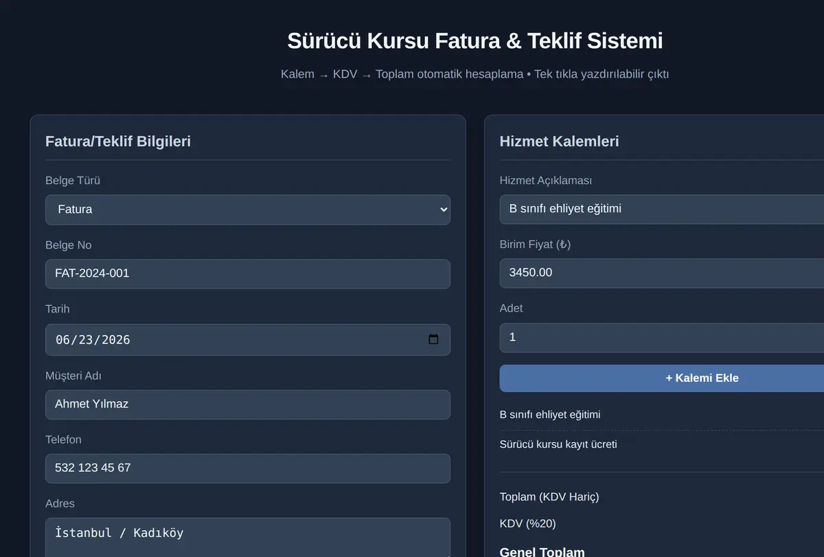 Sürücü Kursu Fatura & Teklif Sistemi ekran görüntüsü