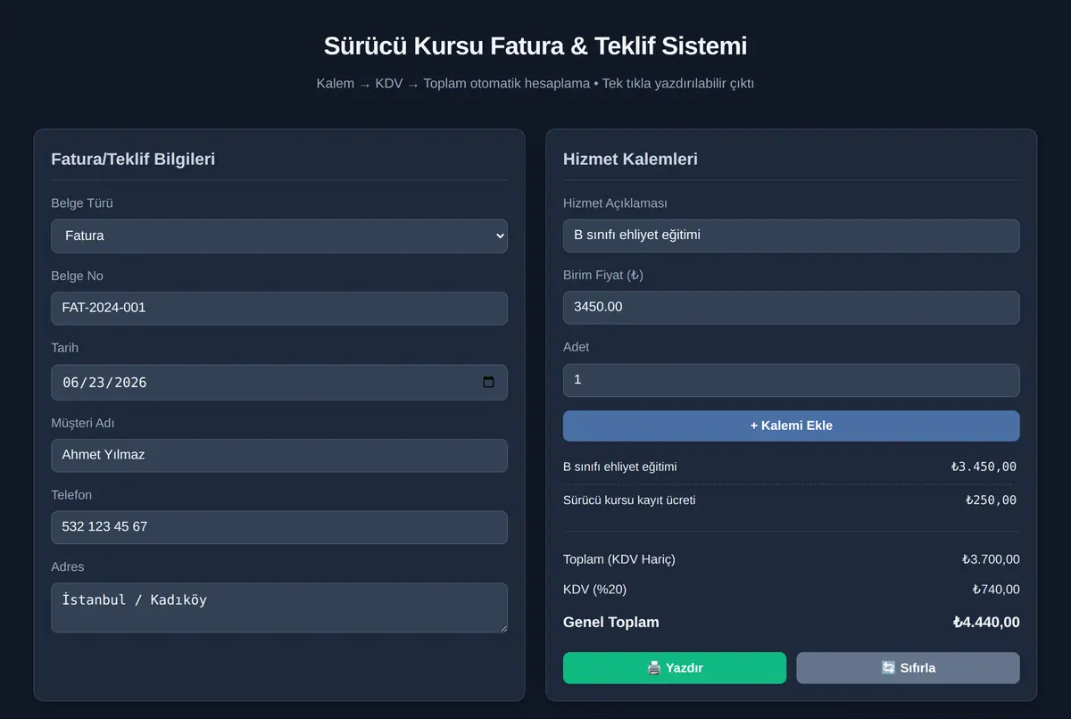 Sürücü Kursu Fatura & Teklif Sistemi ekran görüntüsü 3