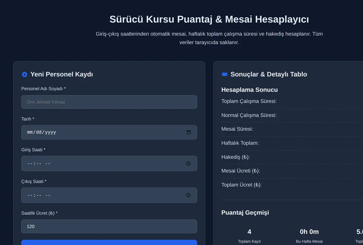 Sürücü Kursu Puantaj & Mesai Hesaplayıcı ekran görüntüsü