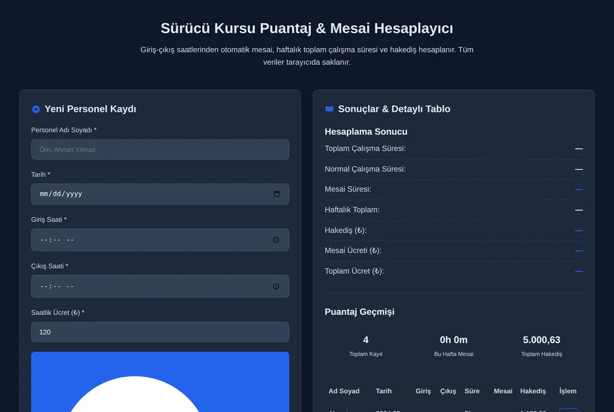Sürücü Kursu Puantaj & Mesai Hesaplayıcı ekran görüntüsü 2