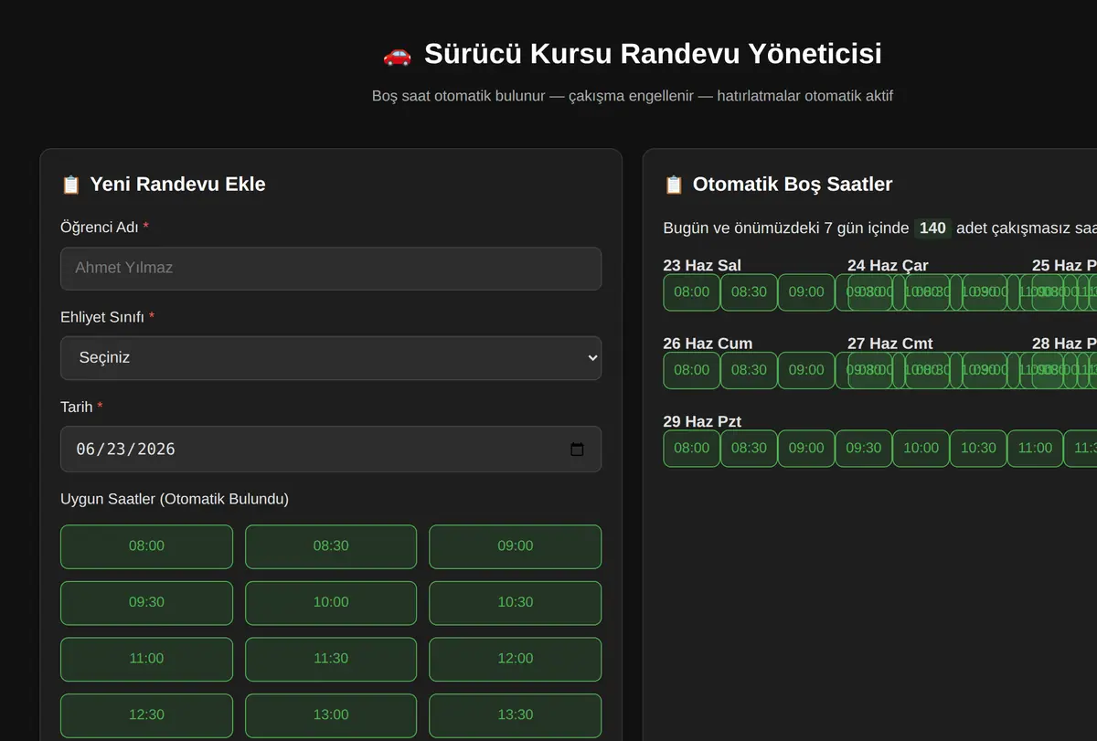 Sürücü Kursu Randevu Yöneticisi ekran görüntüsü