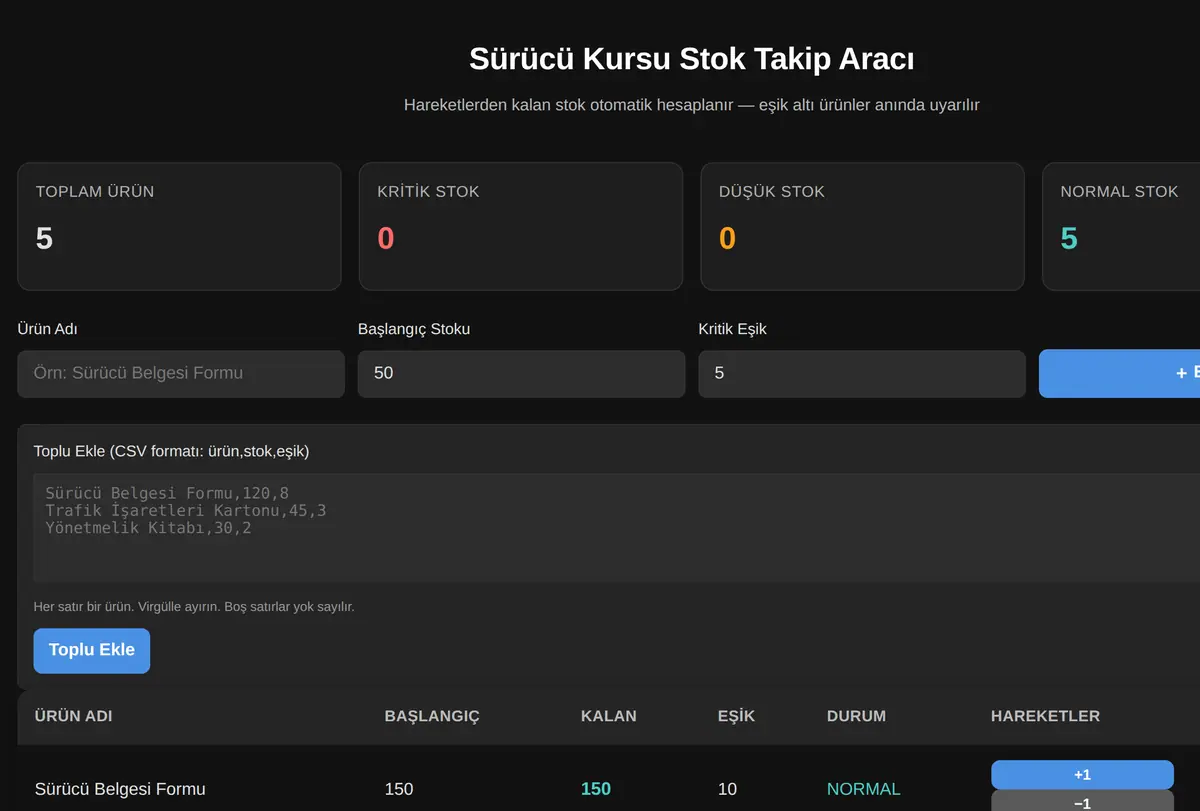 Sürücü Kursu Stok Takip Aracı ekran görüntüsü