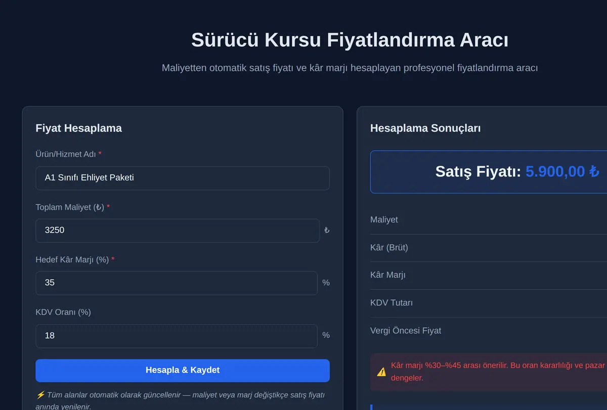 Sürücü Kursu Fiyatlandırma Aracı ekran görüntüsü