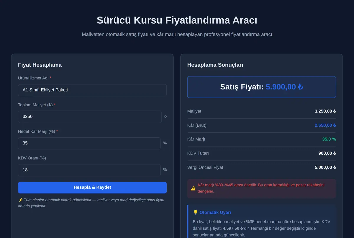 Sürücü Kursu Fiyatlandırma Aracı ekran görüntüsü 2