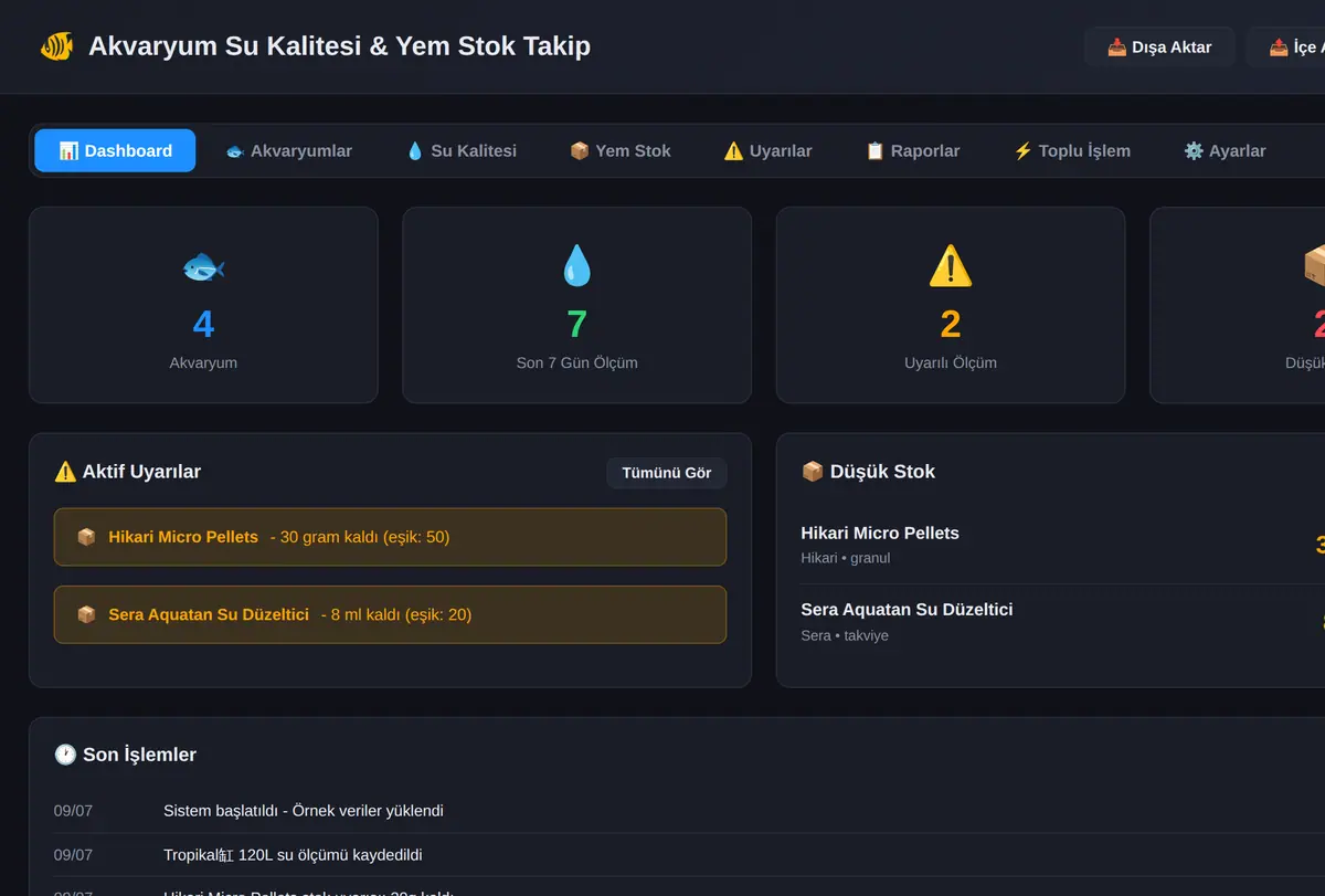 Akvaryum Su Kalitesi & Yem Stok Takip Aracı ekran görüntüsü