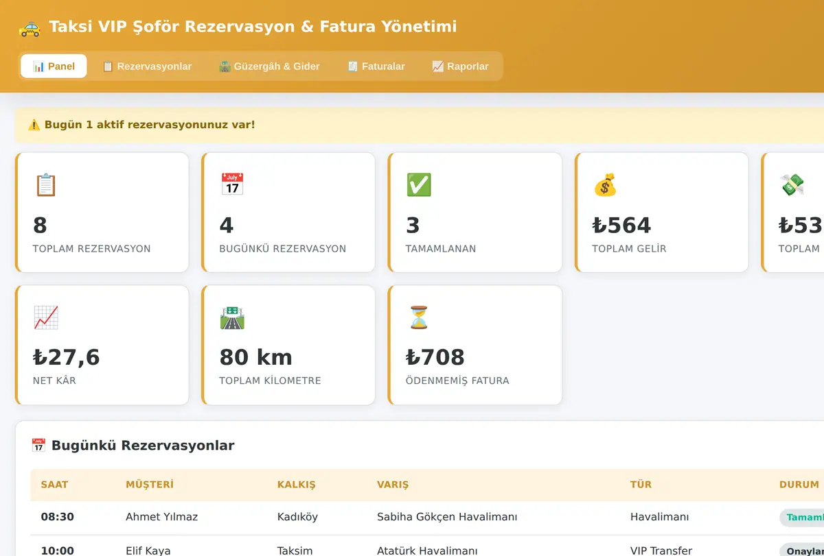 Taksi VIP Şoför Rezervasyon & Fatura Yönetimi ekran görüntüsü