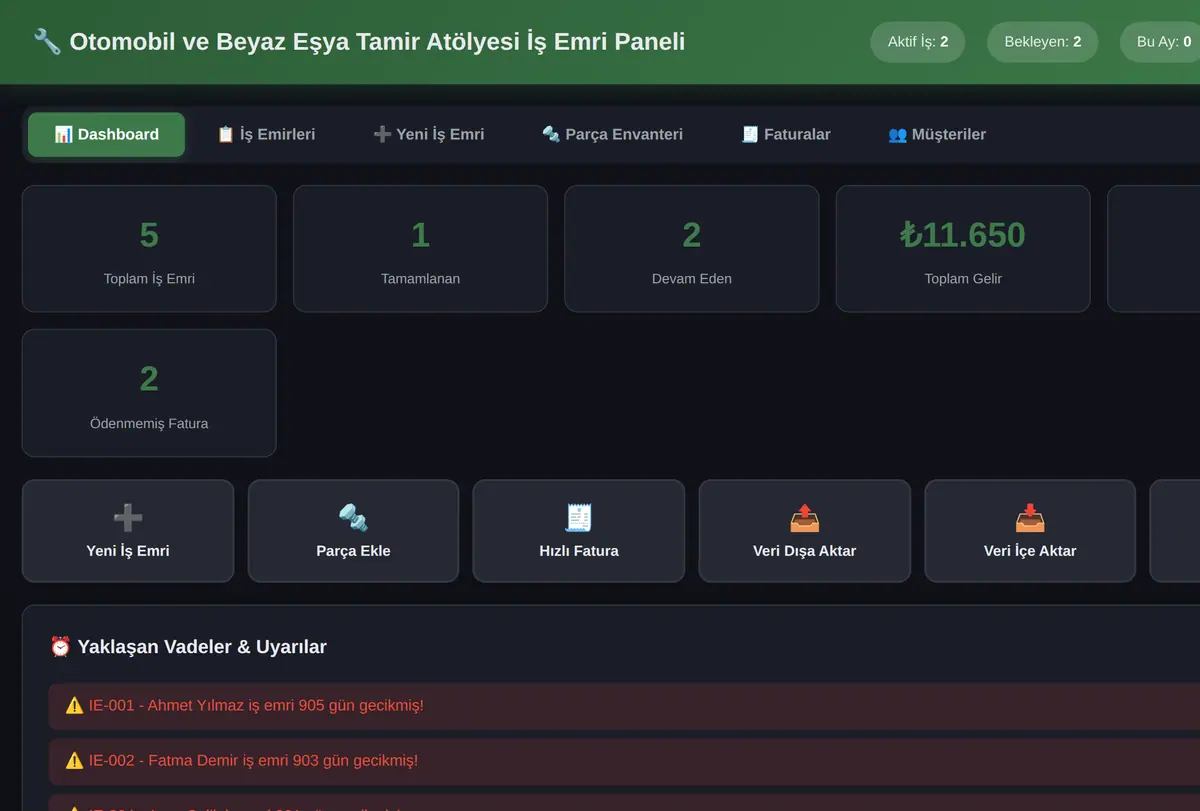 Otomobil ve Beyaz Eşya Tamir Atölyesi İş Emri Paneli ekran görüntüsü