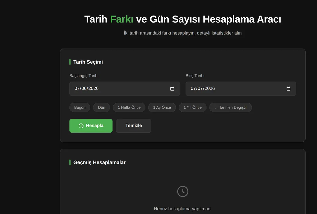 Tarih Farkı ve Gün Sayısı Hesaplama Aracı ekran görüntüsü