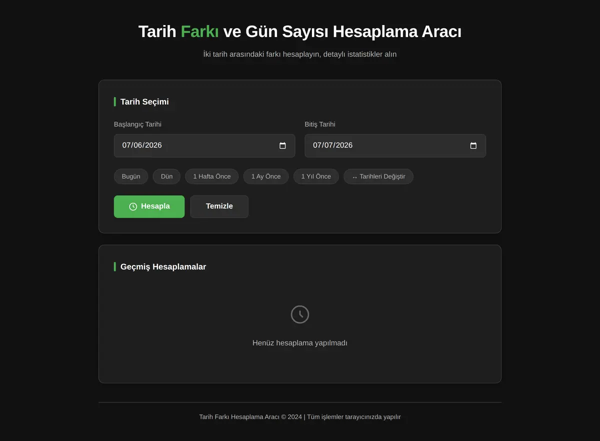 Tarih Farkı ve Gün Sayısı Hesaplama Aracı ekran görüntüsü 3