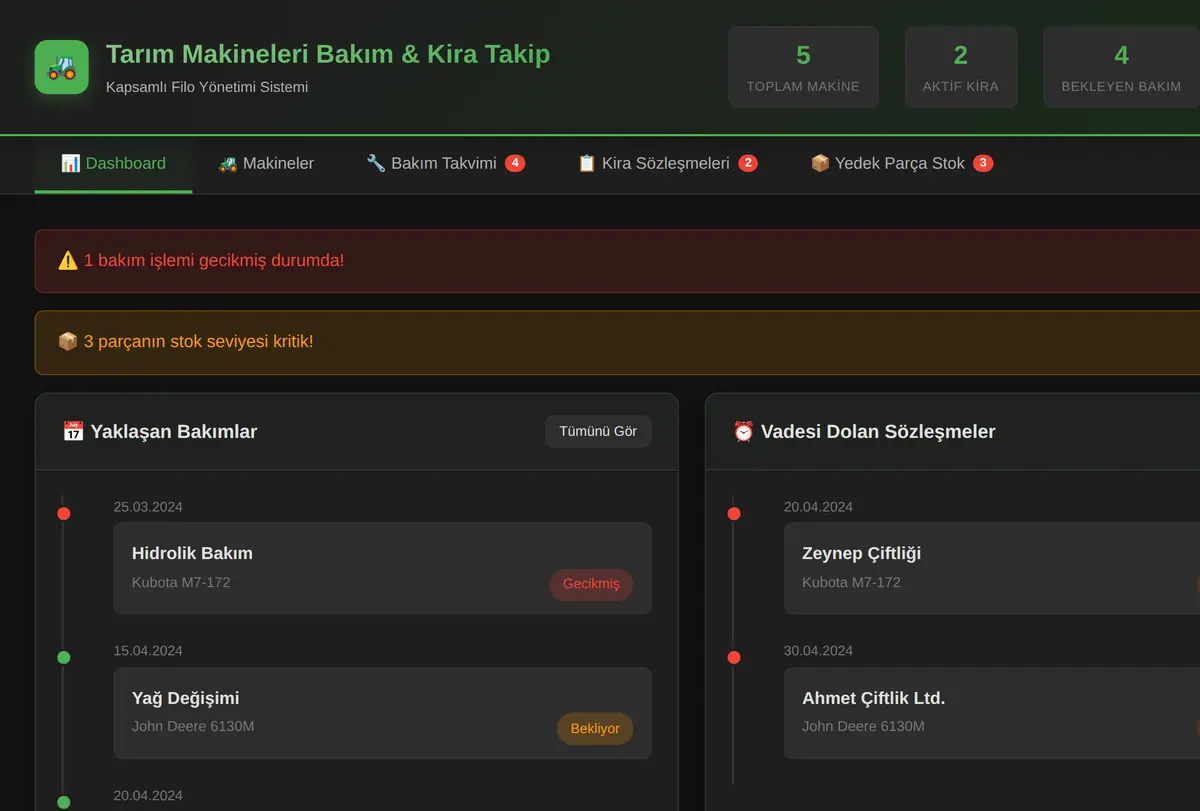 Tarım Makineleri Bakım & Kira Takip Aracı ekran görüntüsü
