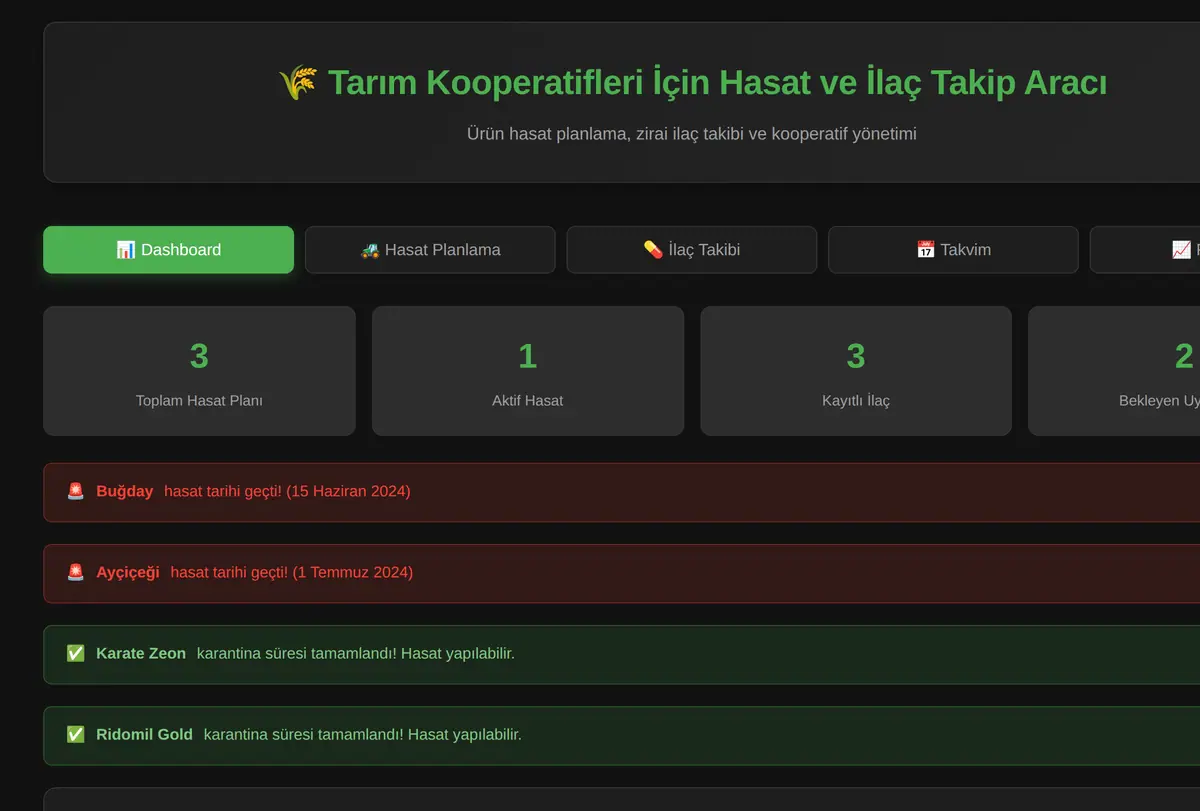 Tarım Kooperatifleri İçin Hasat ve İlaç Takip Aracı ekran görüntüsü